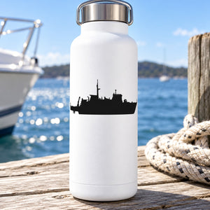 Boat decal sticker with black minelayer silhouette on white bottle