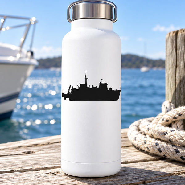 Boat decal sticker with black minelayer silhouette on white bottle