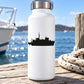 Boat decal sticker with black minelayer silhouette on white bottle