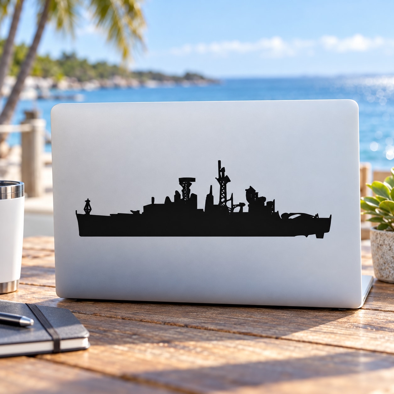 Amphibious command ship silhouette decal in black on a light surface