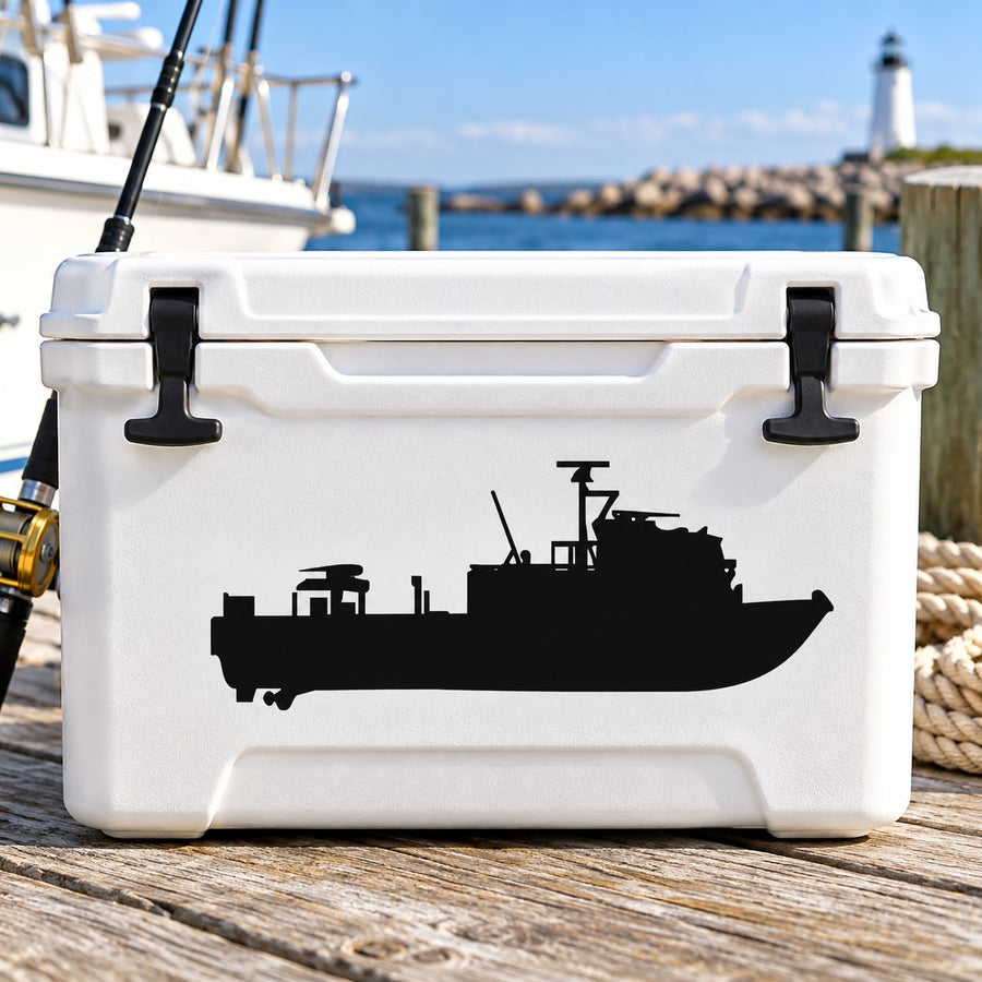 Coast Guard patrol boat silhouette decal on white cooler front