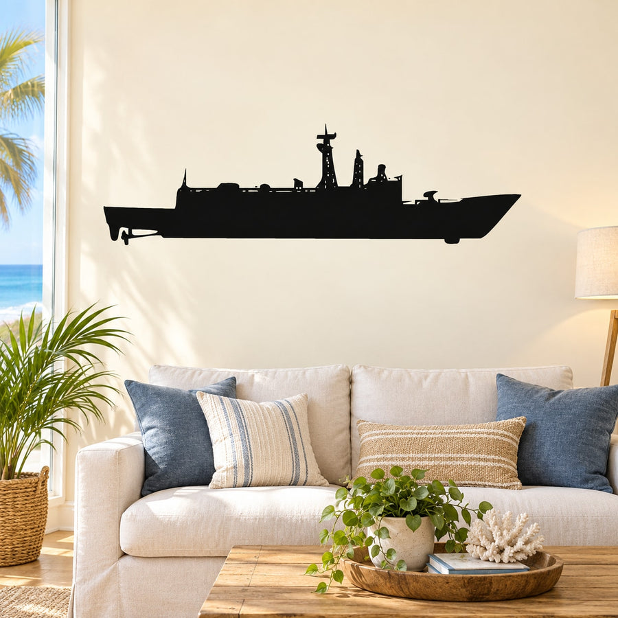 Black USS Camden battleship silhouette decal on wall