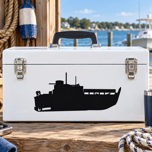 Medium landing craft decal with black silhouette on white surface