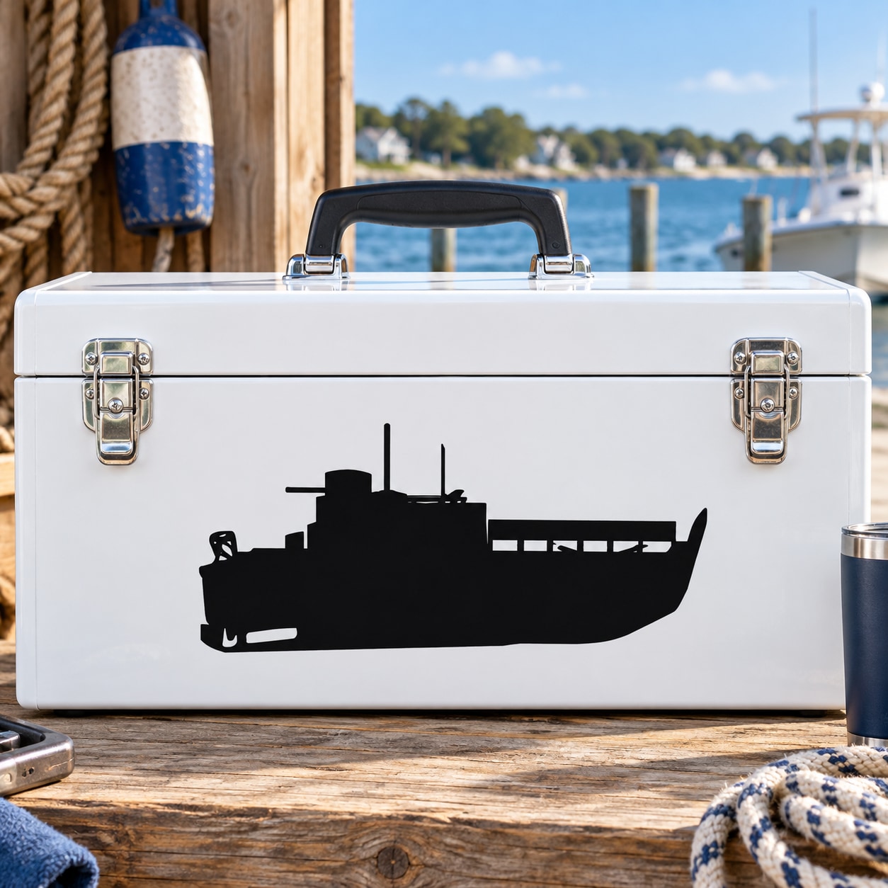 Medium landing craft decal with black silhouette on white surface