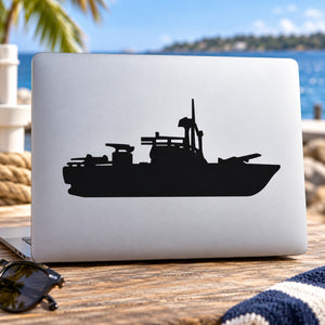 Patrol boat decal with black silhouette on light backing
