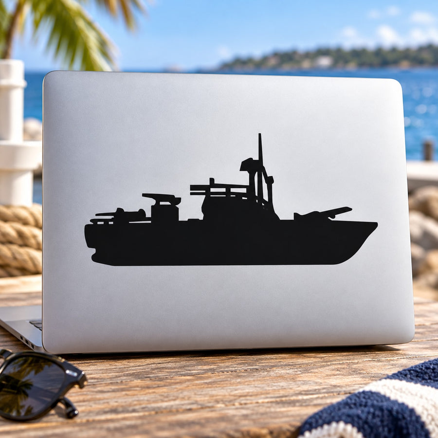 Patrol boat decal with black silhouette on light backing