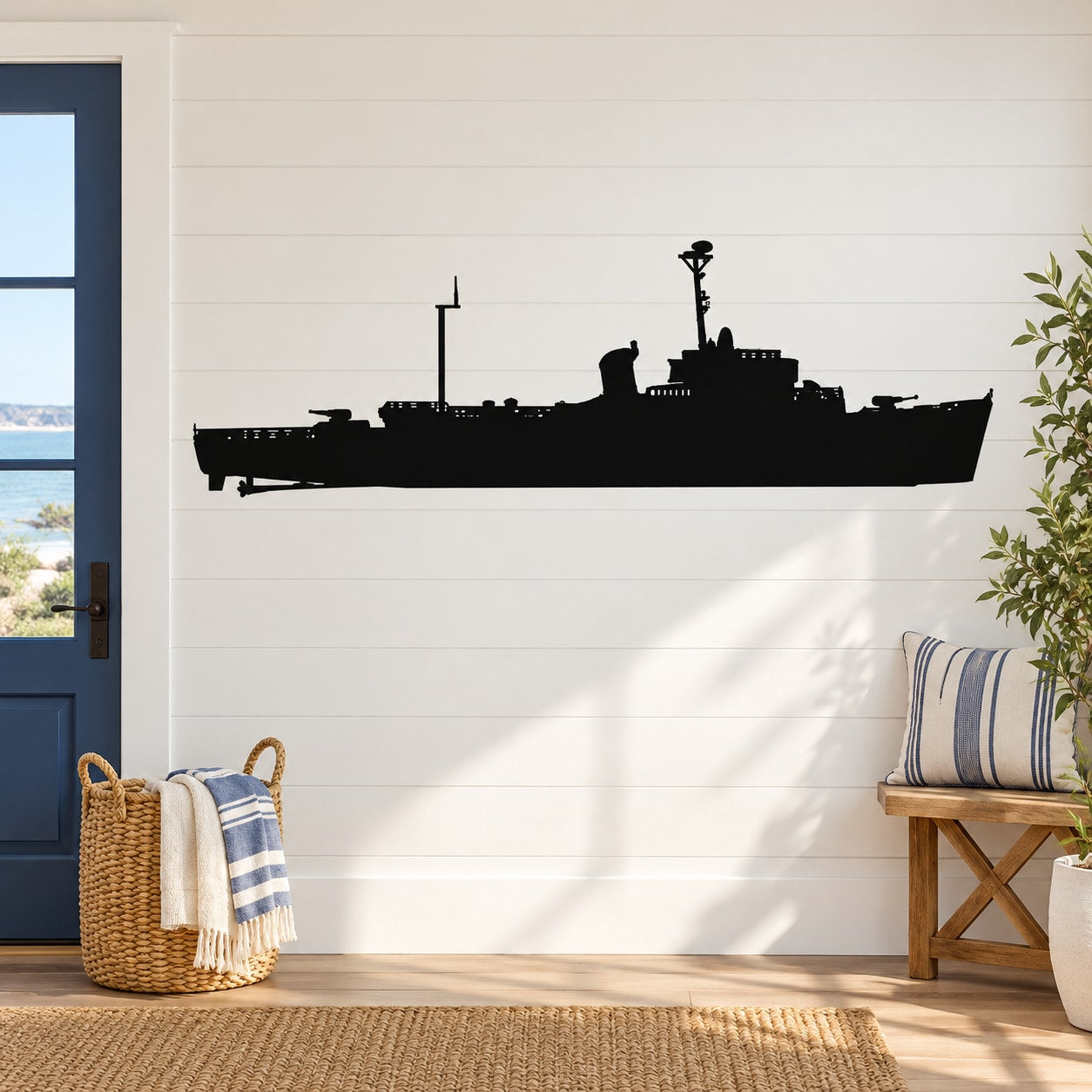 Black destroyer ship silhouette decal with detailed mast and radar towers