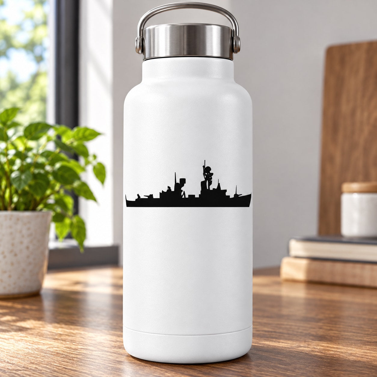 White bottle with black guided-missile destroyer silhouette decal