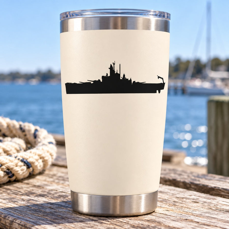 Ship silhouette decal for drinkware, black graphic on tumbler front