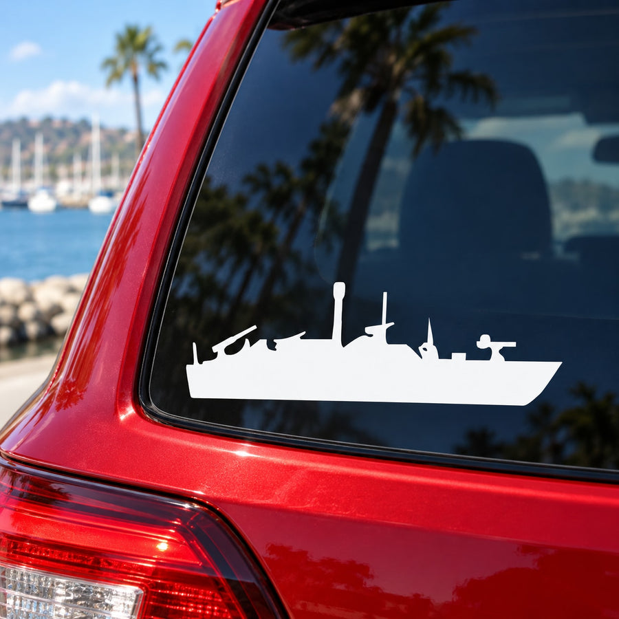 White motor patrol boat decal silhouette on car window
