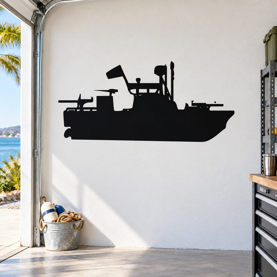 Light patrol boat silhouette decal, black ship outline with mast and radar
