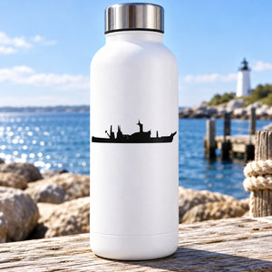 White water bottle with black landing ship silhouette decal on front