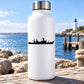 White water bottle with black landing ship silhouette decal on front