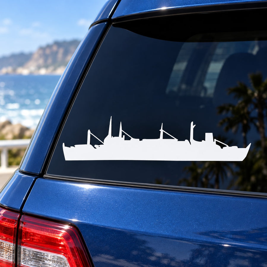 White destroyer tender ship silhouette decal on car windshield