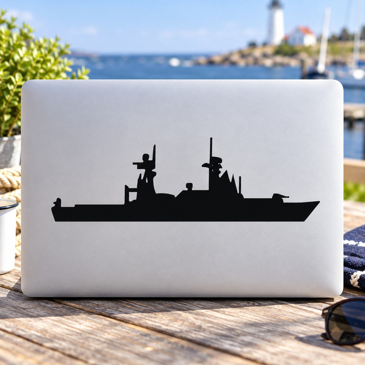 Black cutter ship silhouette decal with masts and deck details for boat or vehicle