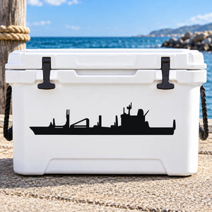 Black ship silhouette decal for a white cooler lid with dockyard scene