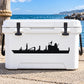 Black ship silhouette decal for a white cooler lid with dockyard scene