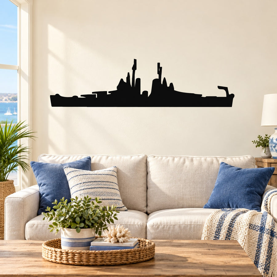 Large warship battlecruiser wall silhouette decor above sofa