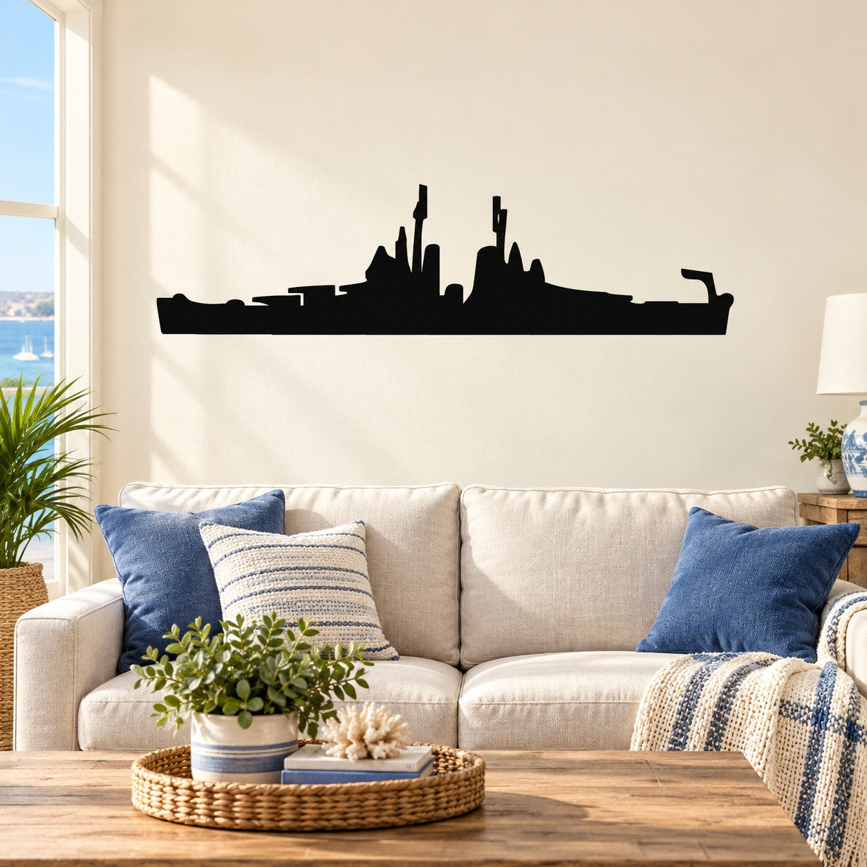 Large warship battlecruiser wall silhouette decor above sofa