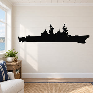 Navy cruiser ship wall decal silhouette, black ship profile with smokestacks