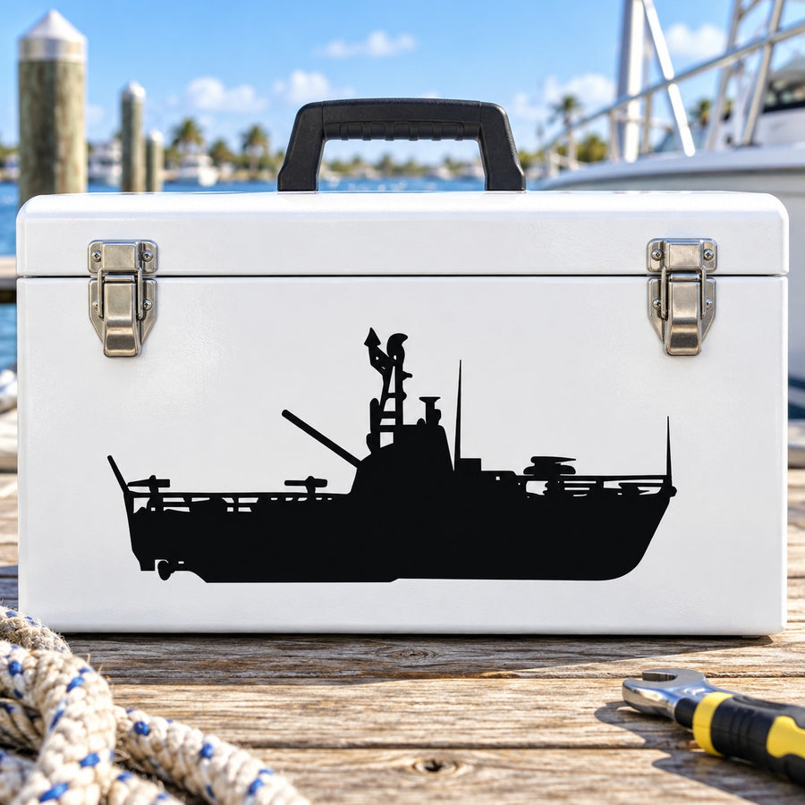 Patrol boat decal, black silhouette on white background