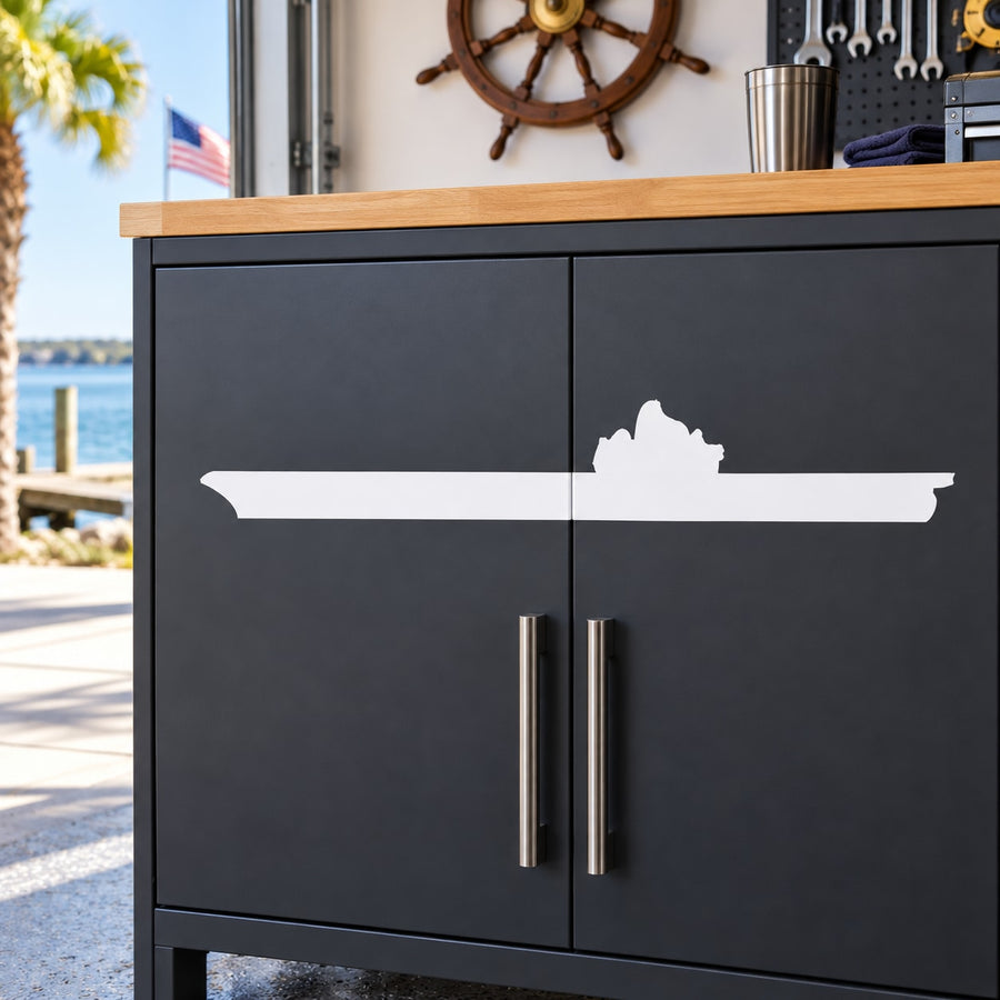 Aircraft carrier silhouette decal in white on dark cabinet doors