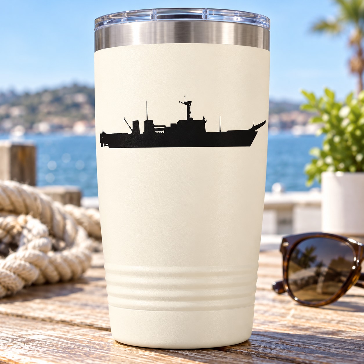 White tumbler with black USS Fresno ship silhouette decal