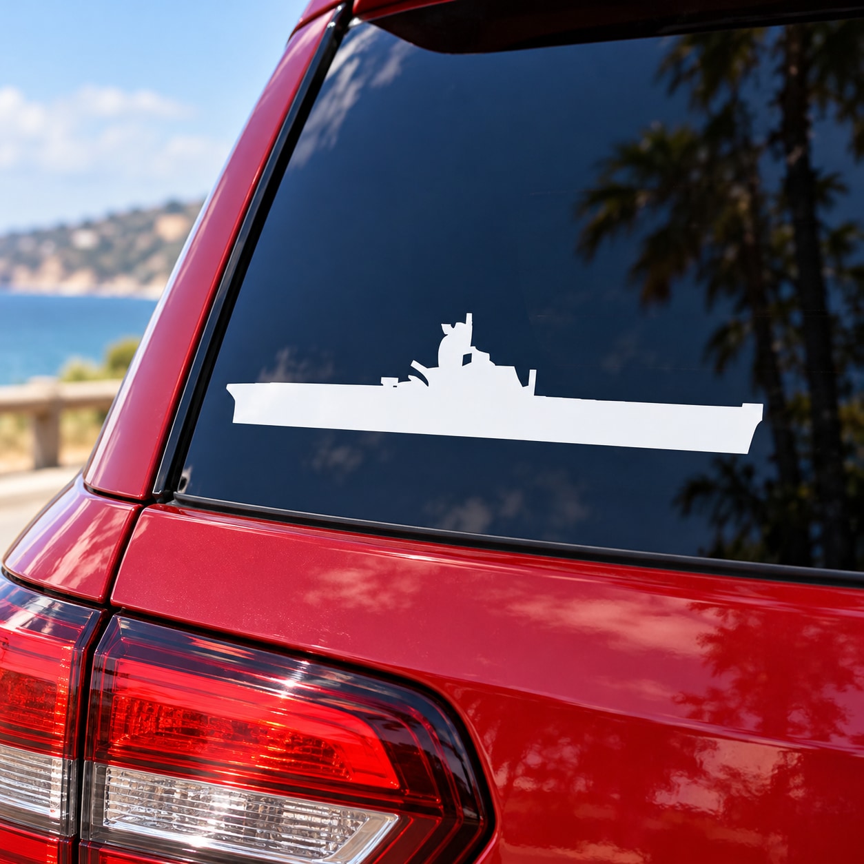 White aircraft carrier and plane decal for vehicle rear window