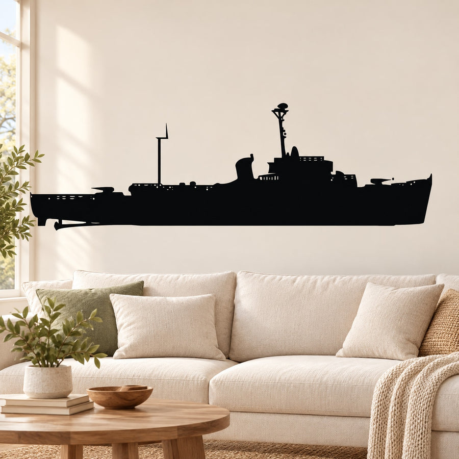 Navy destroyer ship wall decal silhouette, dark ship with antenna and deck details