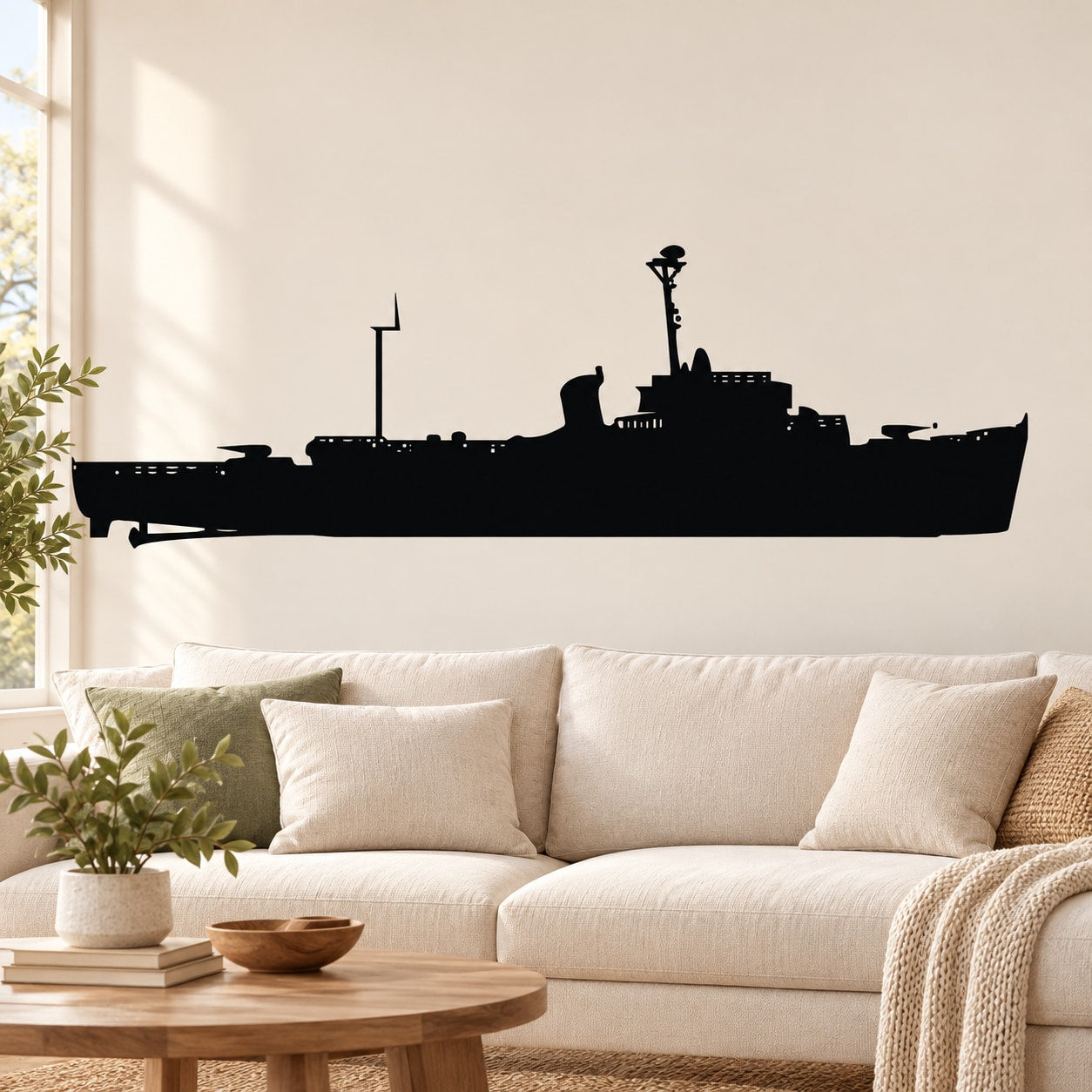Navy destroyer ship wall decal silhouette, dark ship with antenna and deck details