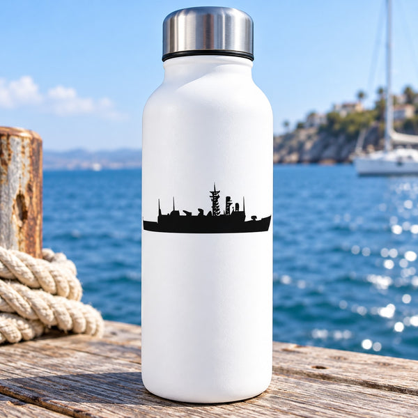 White water bottle with black ship silhouette decal on front