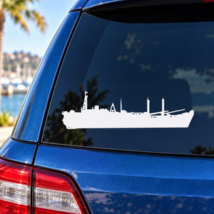 Navy cargo ship decal with white ship silhouette and port structures on a car window
