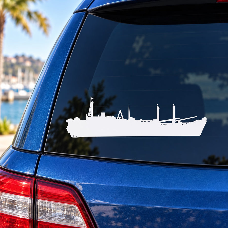 Navy cargo ship decal with white ship silhouette and port structures on a car window