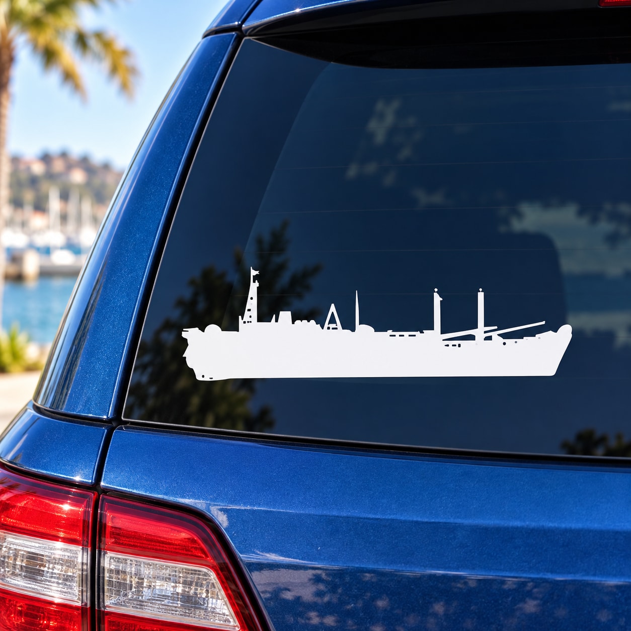 Navy cargo ship decal with white ship silhouette and port structures on a car window