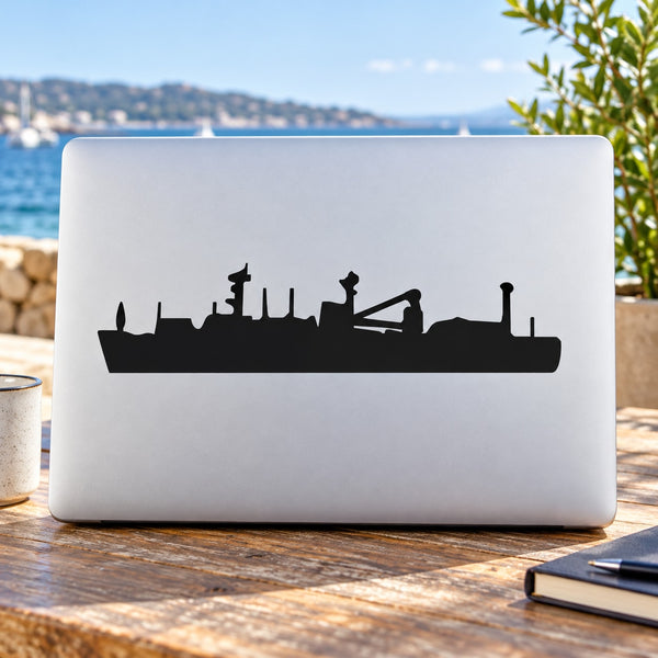 Ship silhouette decal with crane and masts, black design on light background