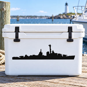 USS Laffey ship silhouette decal on white cooler