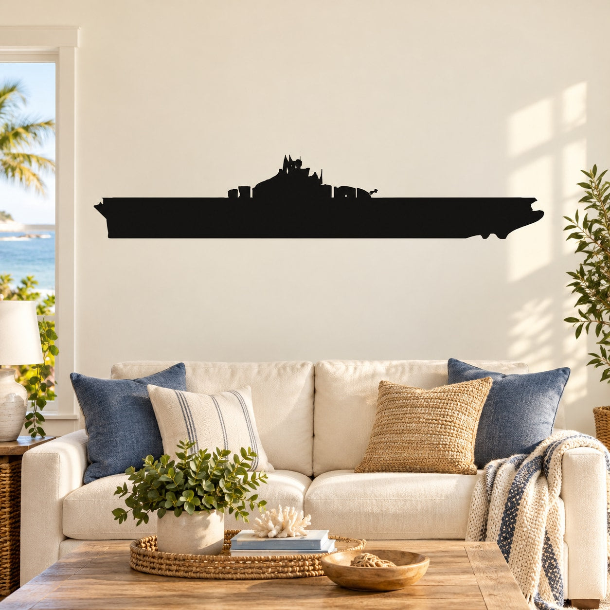 Black amphibious assault ship silhouette wall decal, Wasp class, on a living room wall