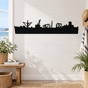 Combat cargo ship wall decal, black silhouette of cargo ship and warship details