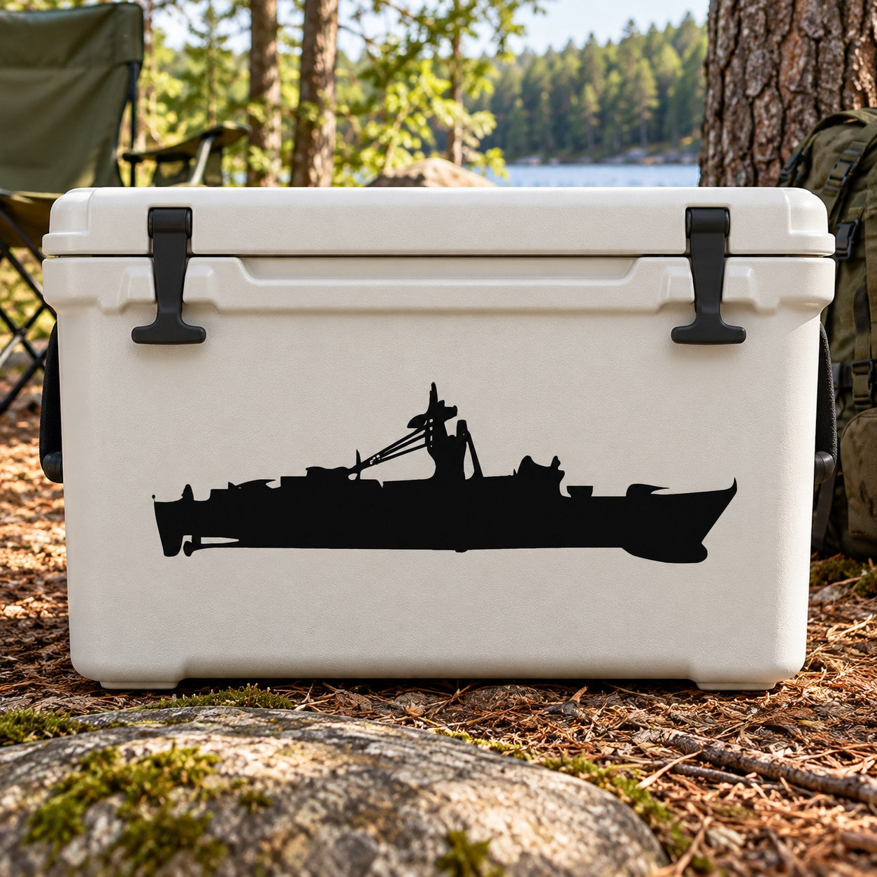 Frigate ship silhouette decal on a white cooler lid with black mounting clips