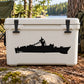 Frigate ship silhouette decal on a white cooler lid with black mounting clips