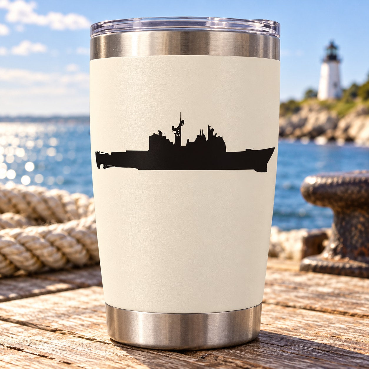 Stainless steel tumbler with black battleship silhouette decal