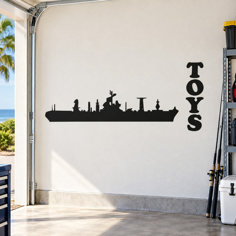 Black battleship skyline decal with vertical TOYS lettering