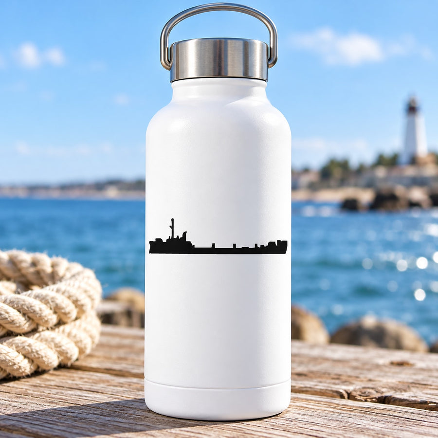 Naval oiler ship silhouette decal on white bottle with dark ship graphic band