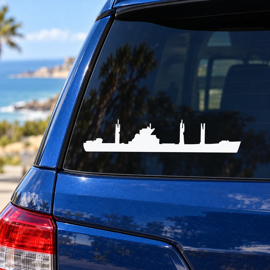 Ammunition supply ship decal with white silhouette on dark car rear window