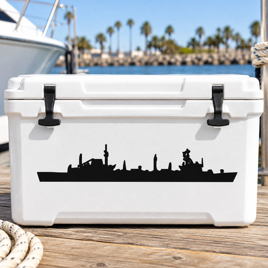 White hard-sided cooler with black ship silhouette graphic