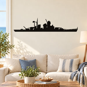 Black battleship silhouette wall decal with detailed gun turret and ship deck