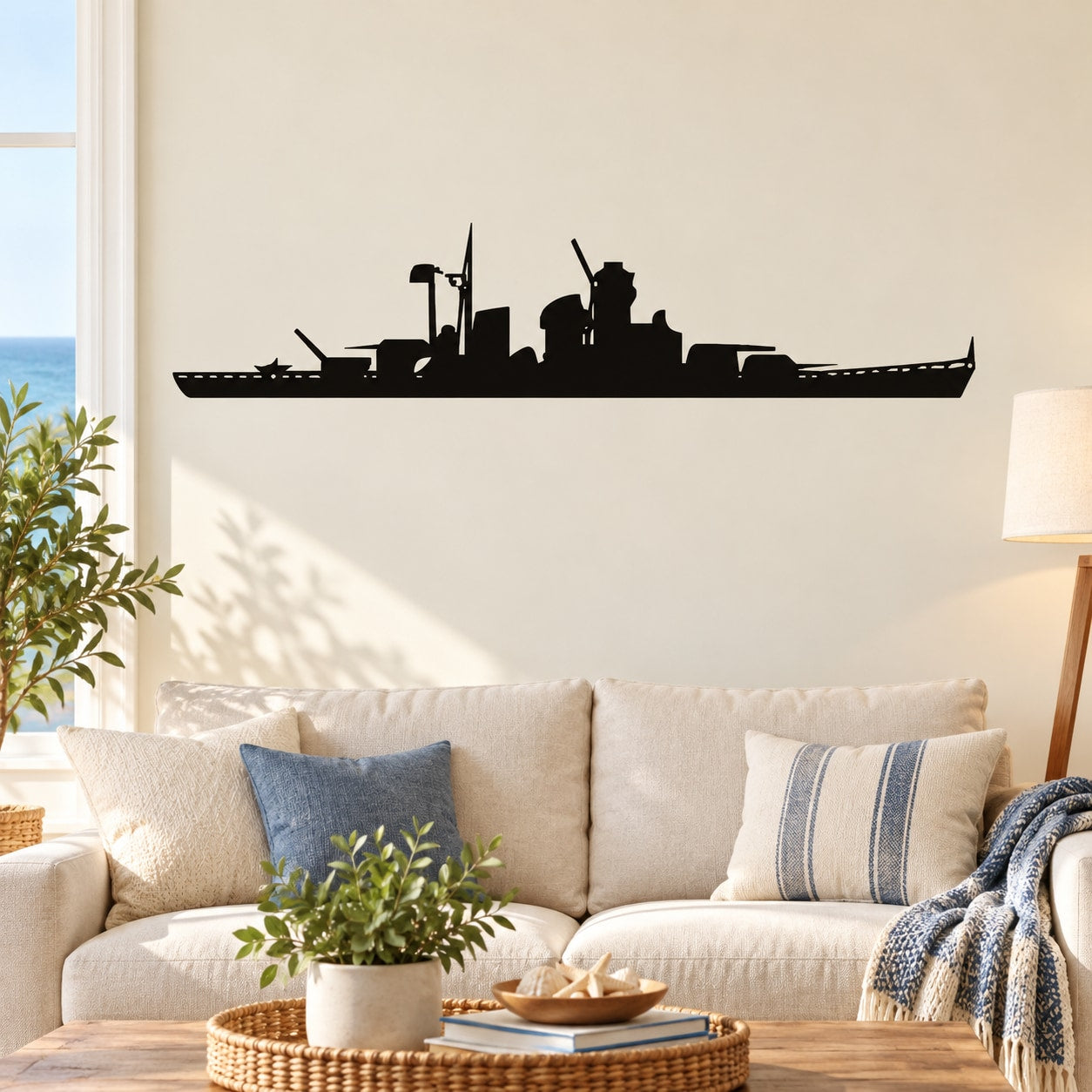 Black battleship silhouette wall decal with detailed gun turret and ship deck
