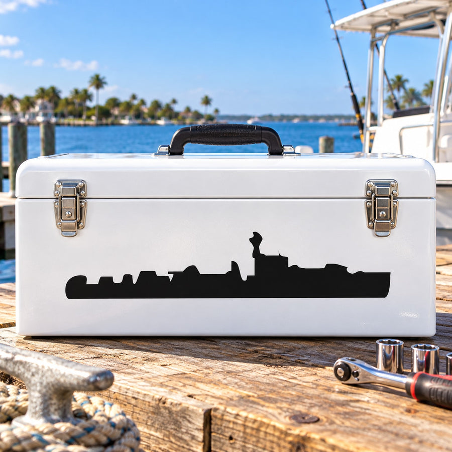 Black motor gunboat silhouette decal on white box with metal handle latches