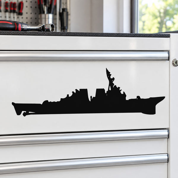 Black cruiser ship silhouette decal on white surface