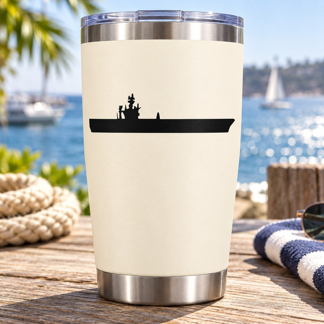 Black aircraft carrier silhouette decal with small planes and figures on a base stripe
